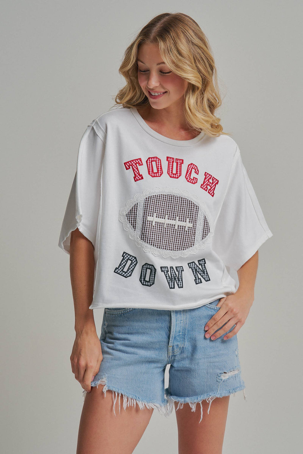 FOOTBALL TOUCHDOWN LETTER PATCH GAMEDAY KNIT TOP - OFF WHITE