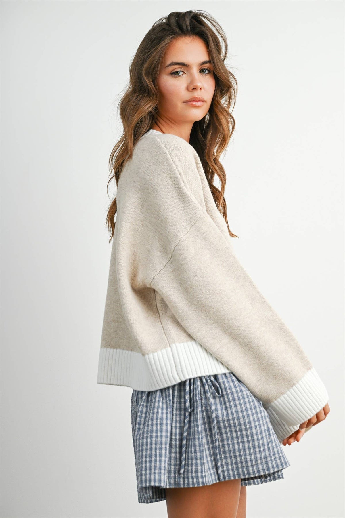 Cozy Contrast Trim Sweater - TAUPE and IVORY