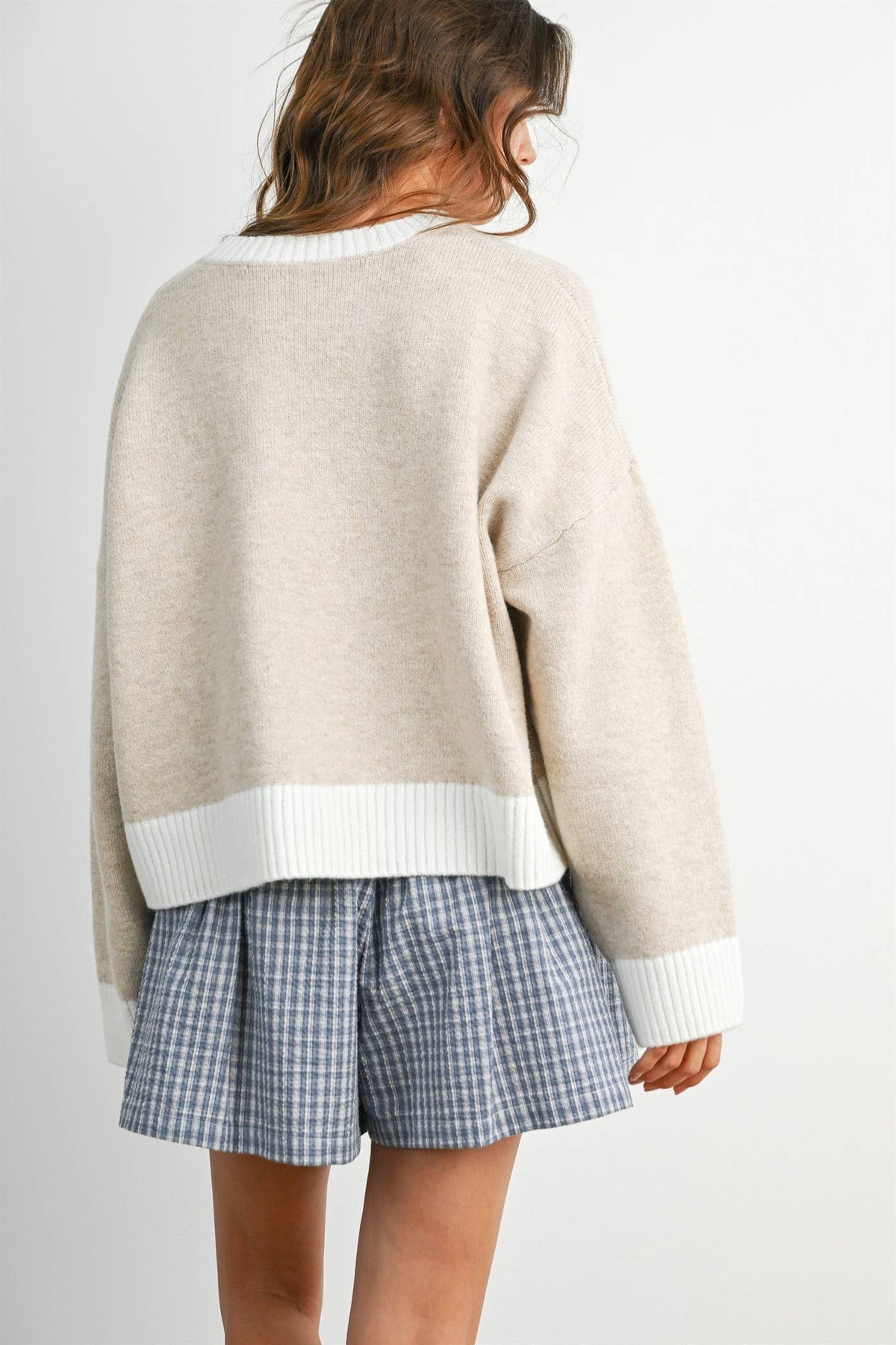 Cozy Contrast Trim Sweater - TAUPE and IVORY