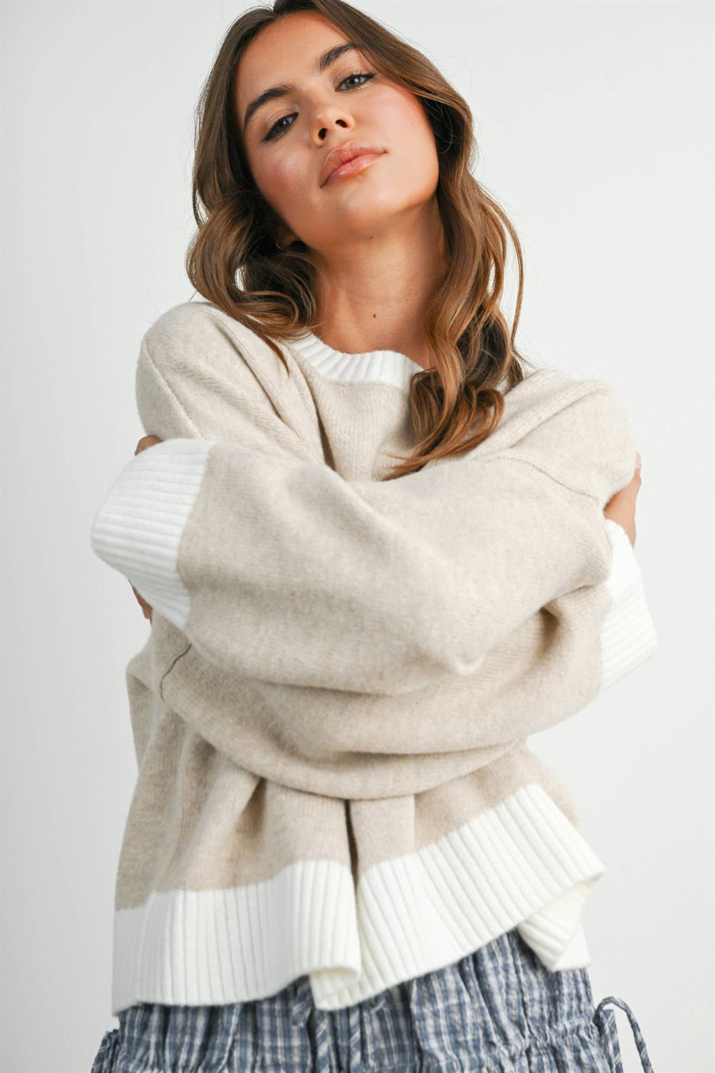Cozy Contrast Trim Sweater - TAUPE and IVORY