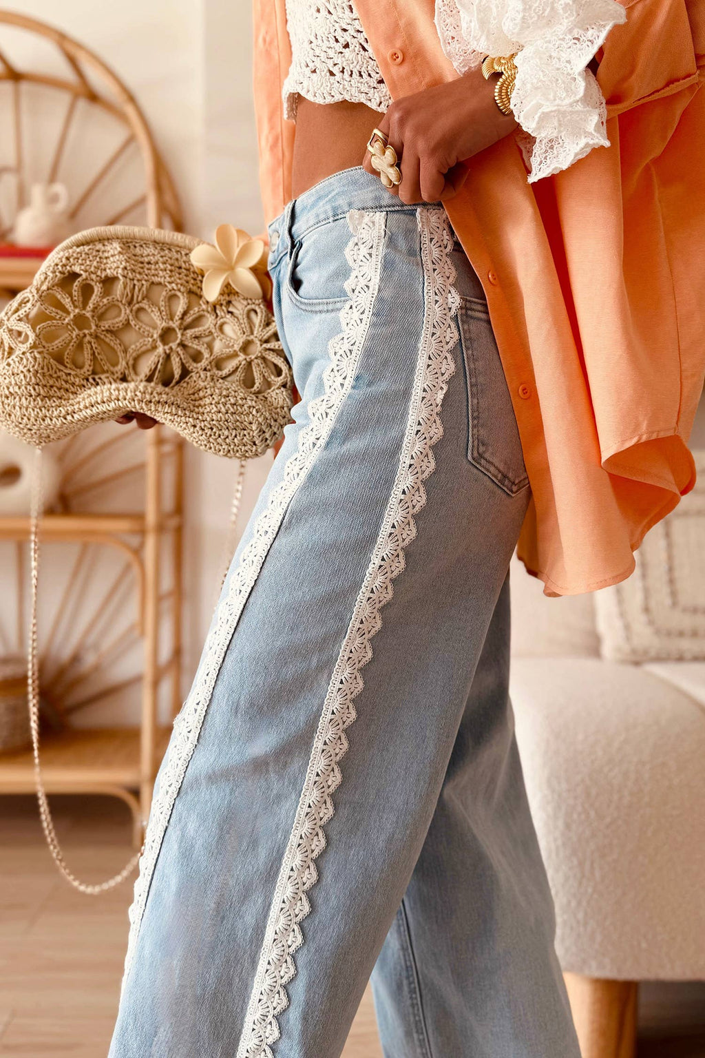 Lace Color Block Wide Leg Denim Pants - Beau Blue