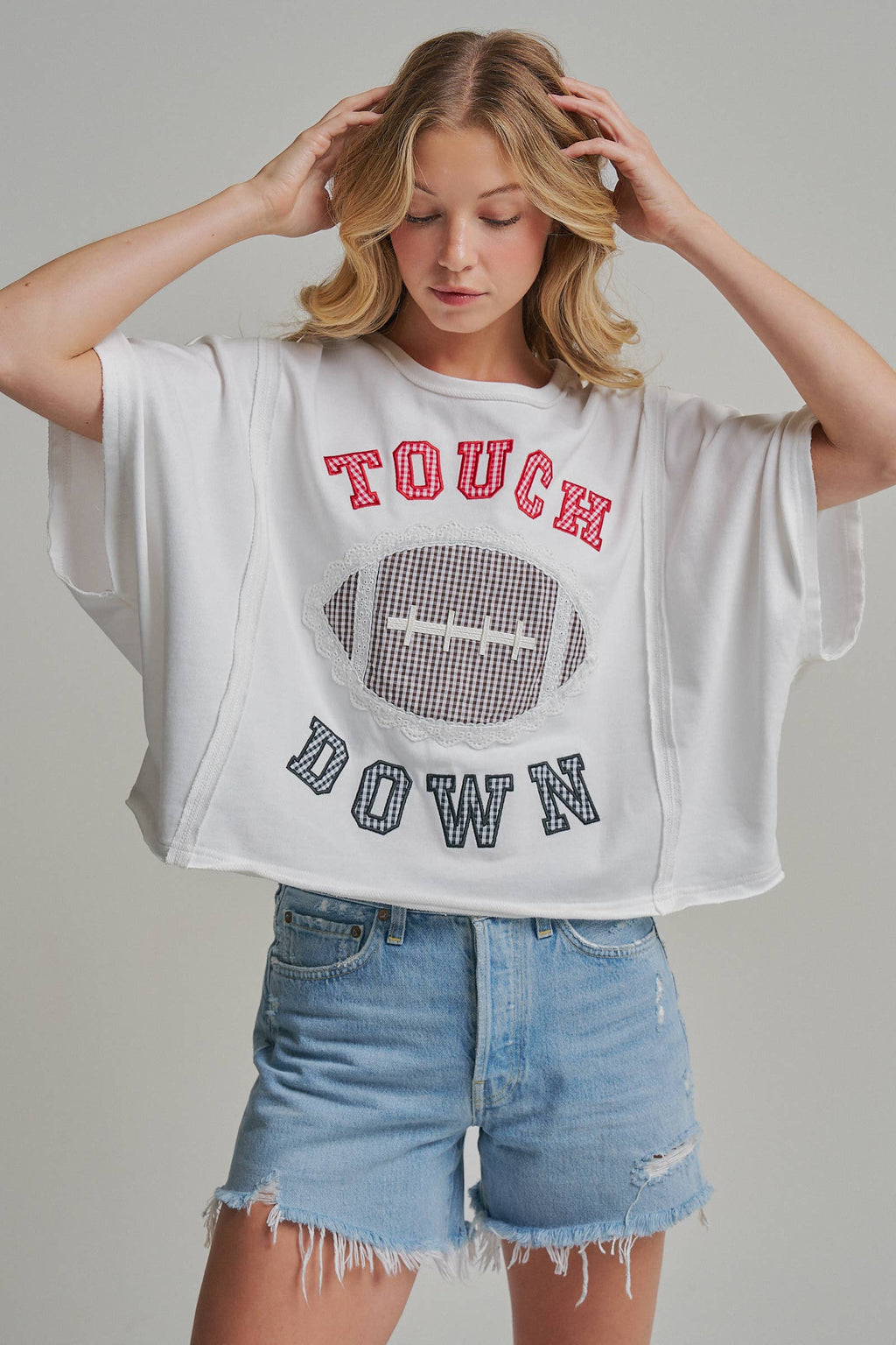 FOOTBALL TOUCHDOWN LETTER PATCH GAMEDAY KNIT TOP - OFF WHITE