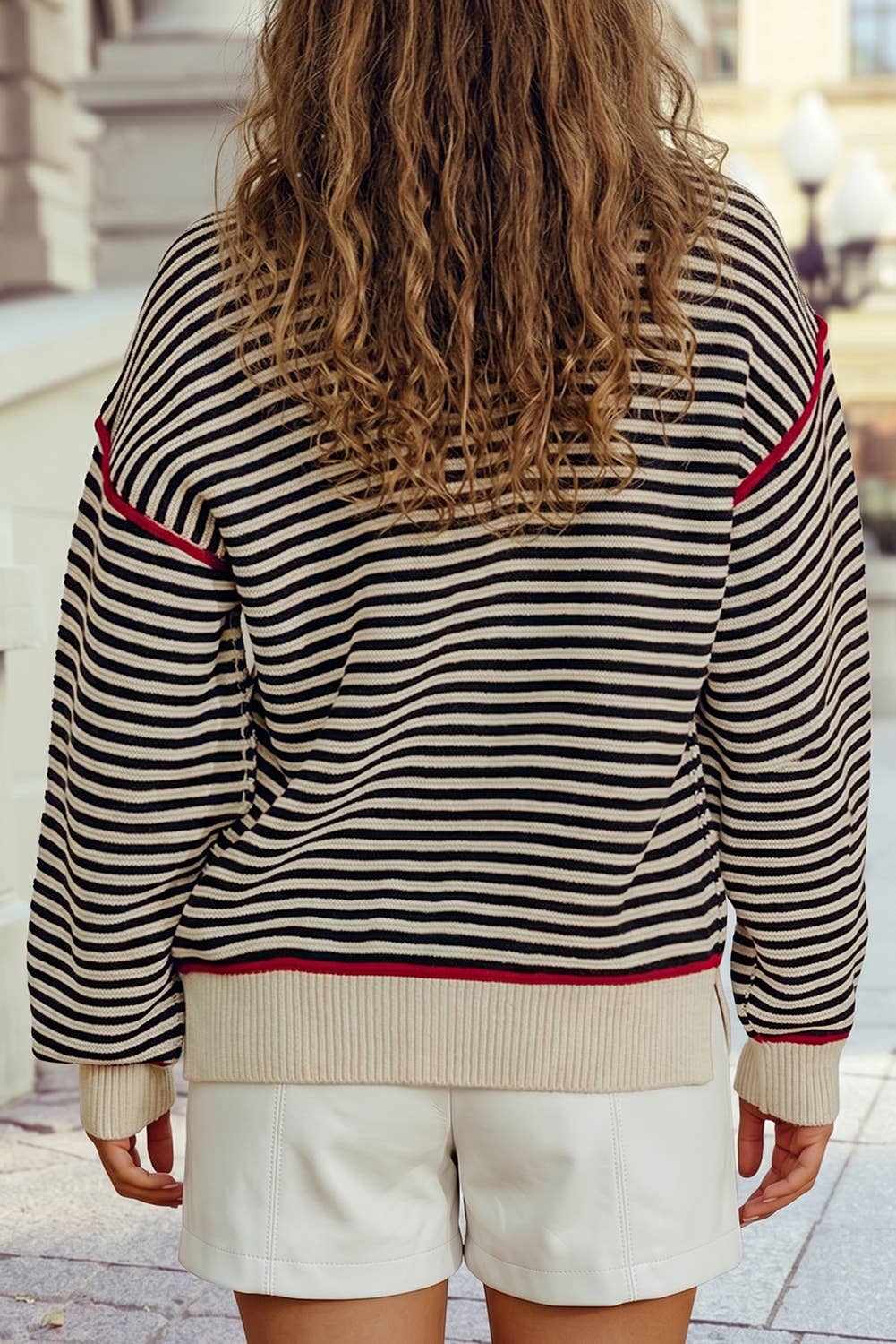 Ribbed Contrast Trim Drop Shoulder Loose Pullover Sweater