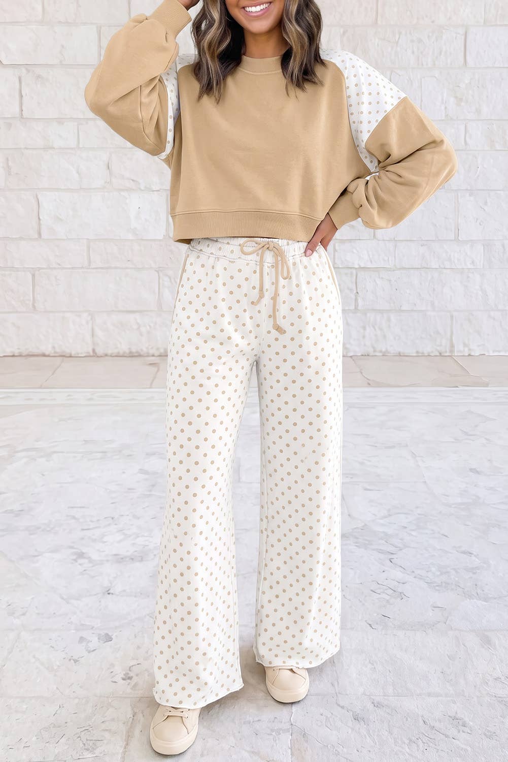 Polka Dot Patchwork Long Sleeve Casual Two Piece Set