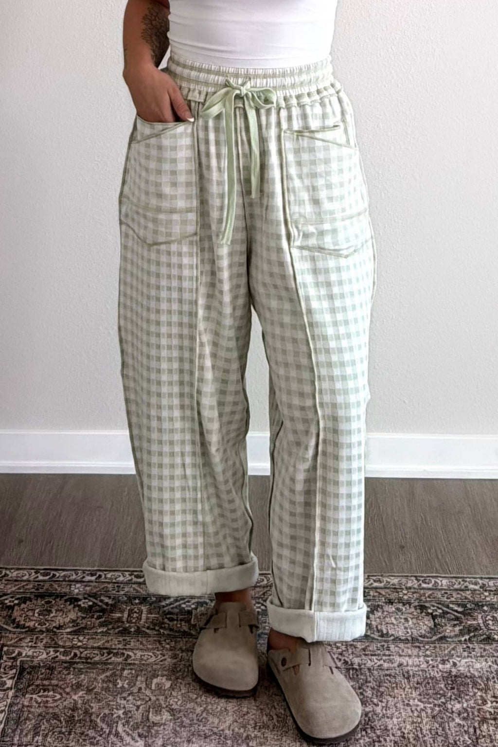 Green Plaid Full-Length Barrel Pant