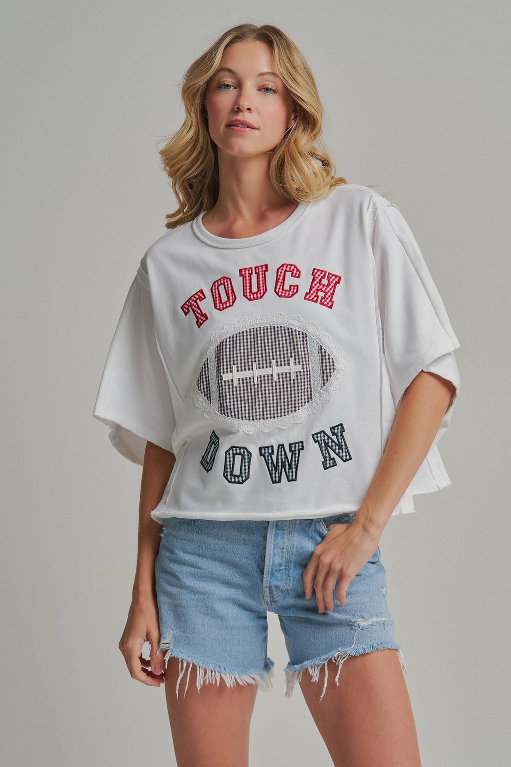 FOOTBALL TOUCHDOWN LETTER PATCH GAMEDAY KNIT TOP - OFF WHITE
