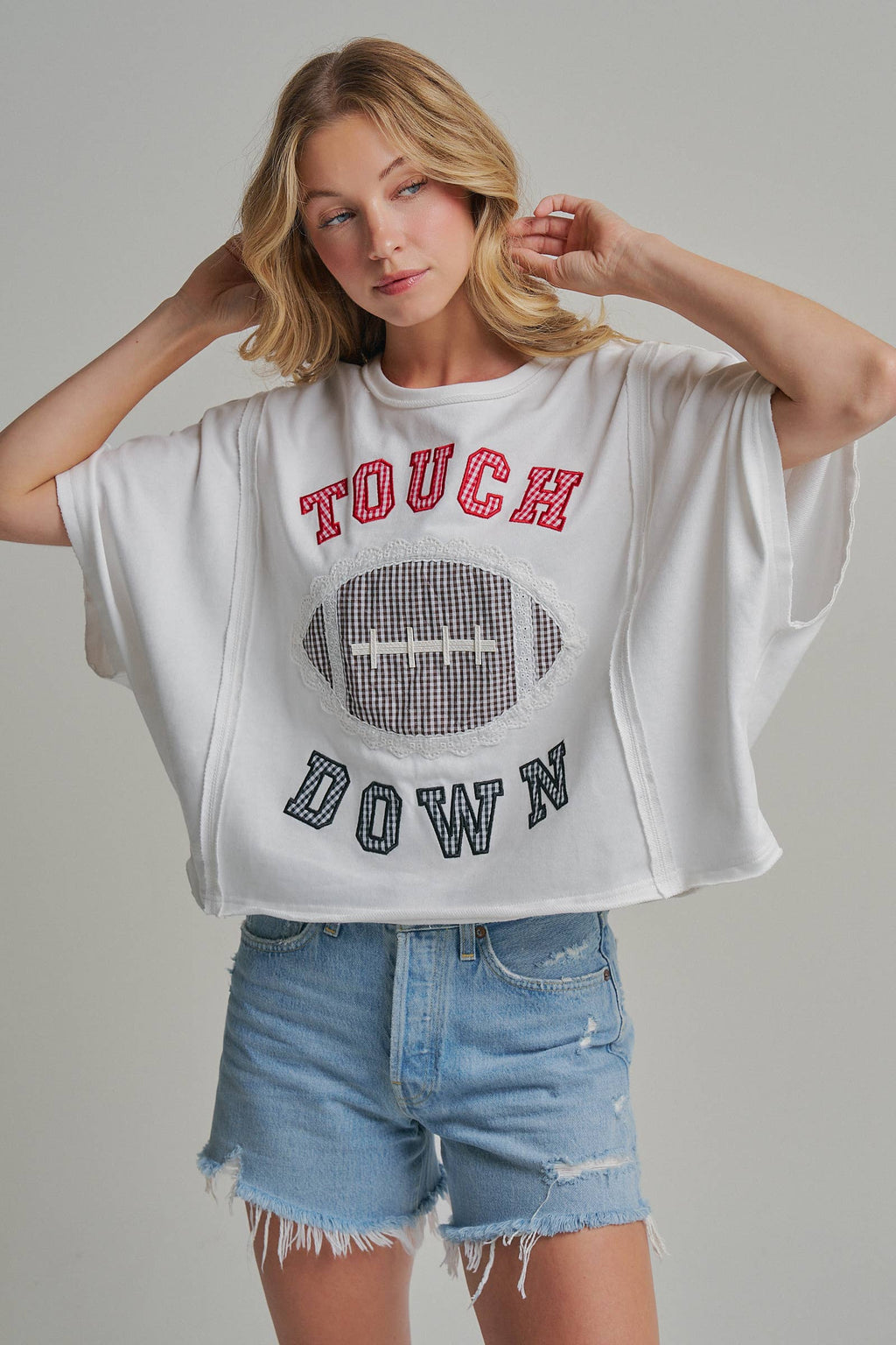 FOOTBALL TOUCHDOWN LETTER PATCH GAMEDAY KNIT TOP - OFF WHITE
