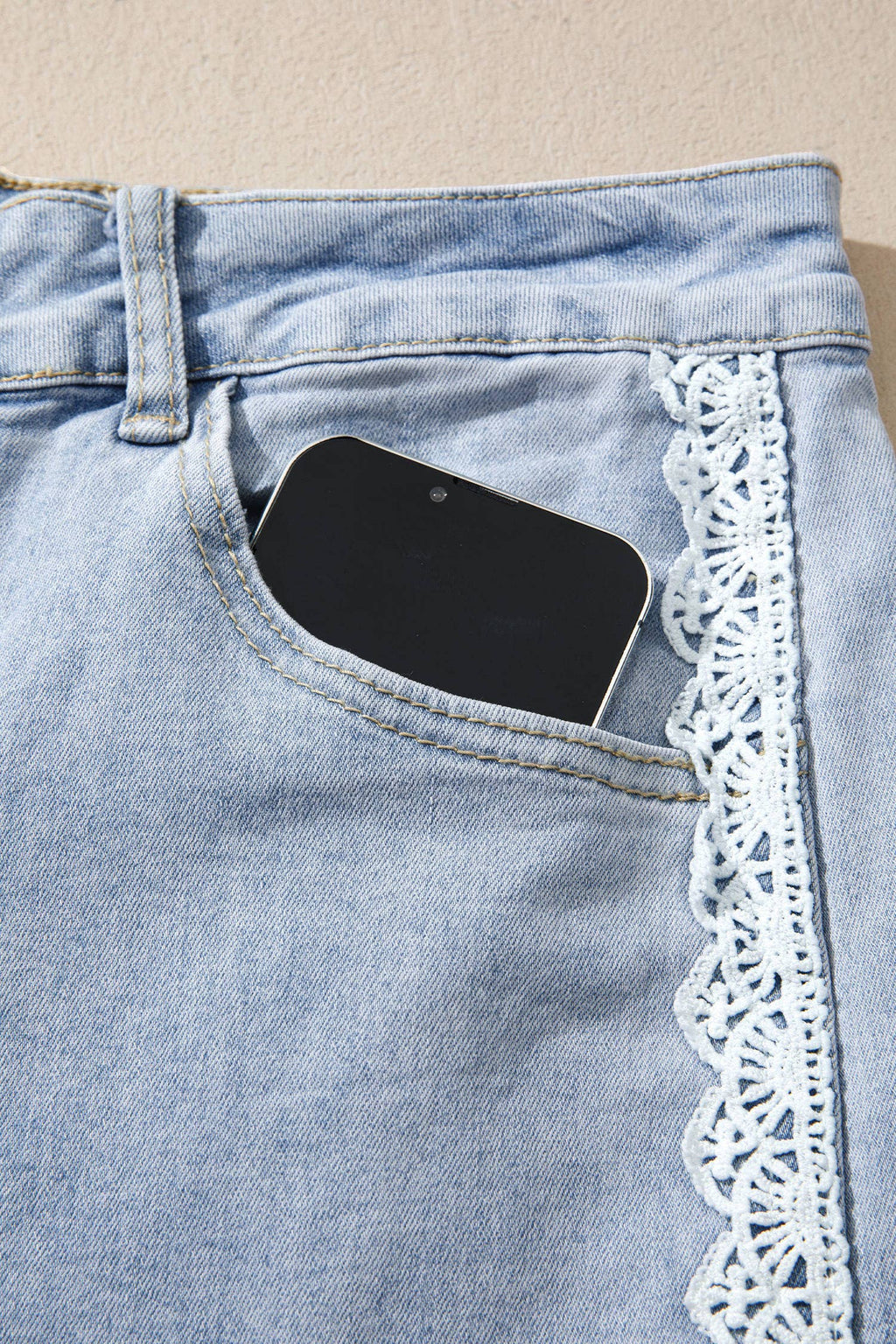 Lace Color Block Wide Leg Denim Pants - Beau Blue