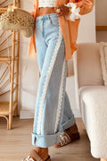 Lace Color Block Wide Leg Denim Pants - Beau Blue