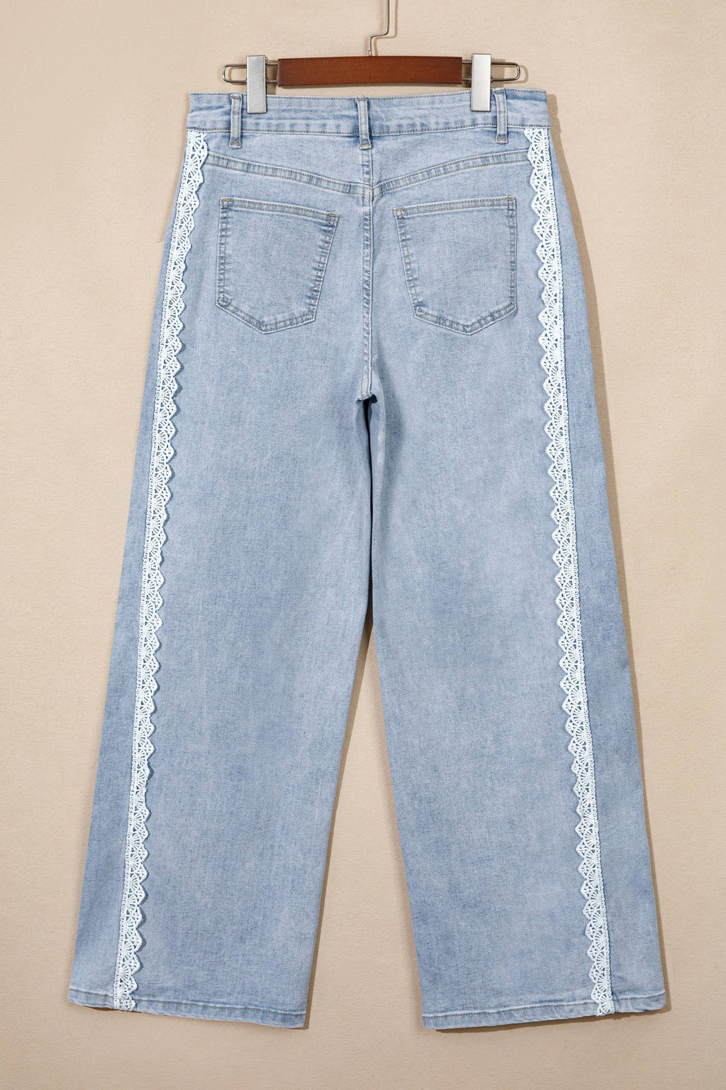 Lace Color Block Wide Leg Denim Pants - Beau Blue