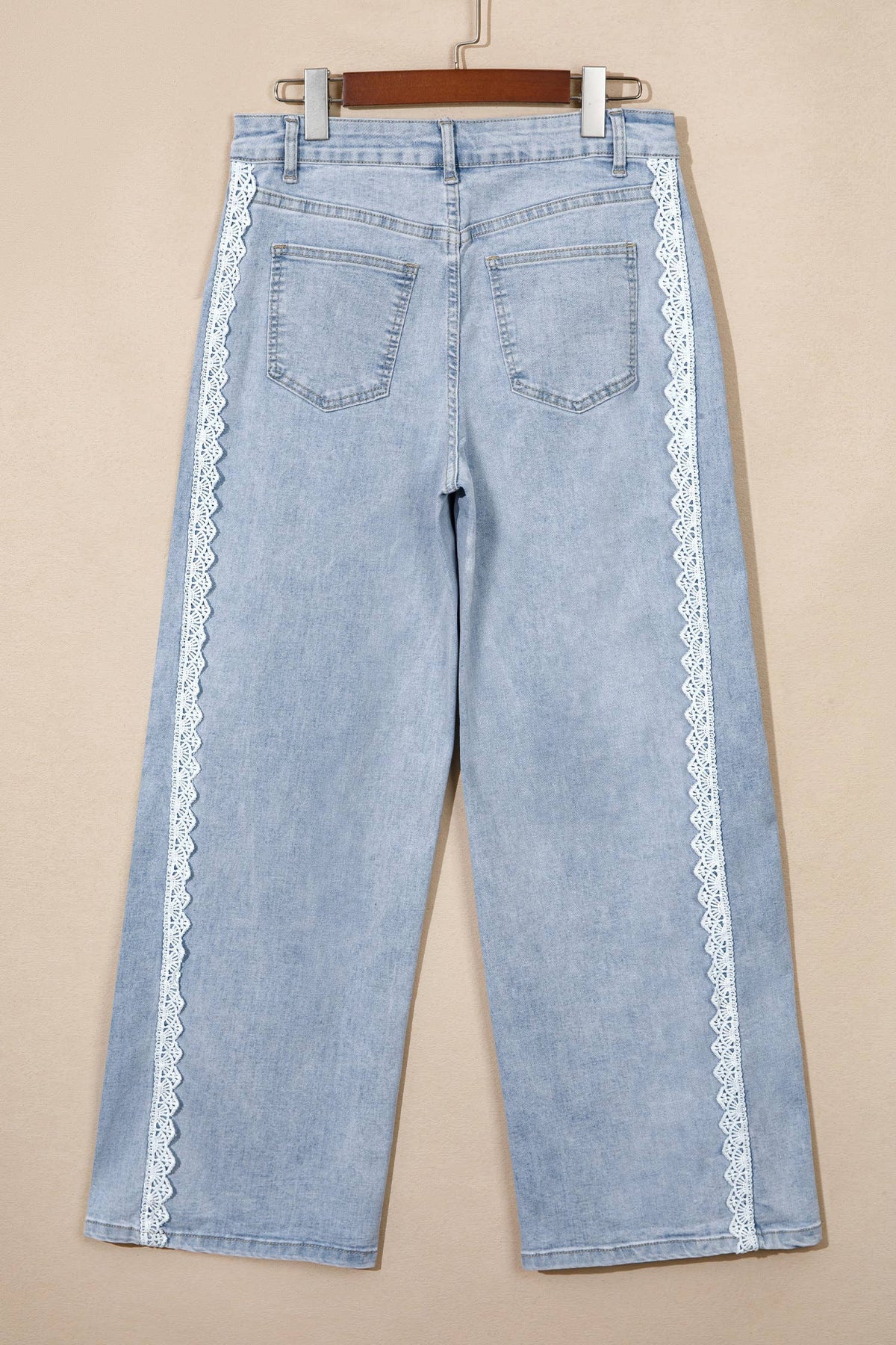 Lace Color Block Wide Leg Denim Pants - Beau Blue