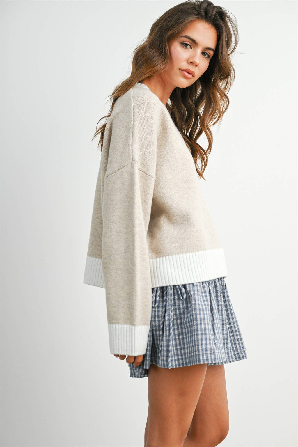 Cozy Contrast Trim Sweater - TAUPE and IVORY